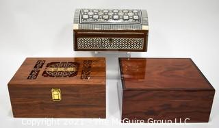 Three (3) Boxes Including Mother of Pearl Inlaid Jewelry Box. Savoy Humidor and Asian Presentation Box. 