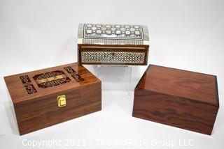 Three (3) Boxes Including Mother of Pearl Inlaid Jewelry Box. Savoy Humidor and Asian Presentation Box. 