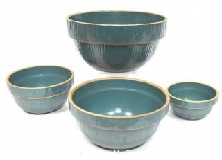 Set of Four (4) Vintage Blue Green Stoneware Pottery Nesting Mixing Bowls Made by Clay City Pottery, Clay City IN.