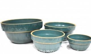 Set of Four (4) Vintage Blue Green Stoneware Pottery Nesting Mixing Bowls Made by Clay City Pottery, Clay City IN.