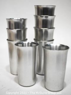 Vintage Set of Nine (9) Mid Century Silver Aluminum Tumblers or Cups.  Barware