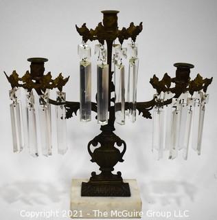 Three (3) Light Candelabra on Marble Base with Glass Prisms.