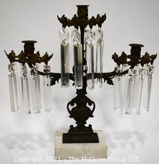 Three (3) Light Candelabra on Marble Base with Glass Prisms.