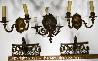 Five (5) Vintage Metal Wall Sconces and Decorative Trim.  