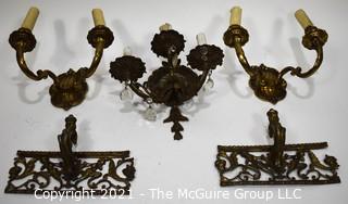 Five (5) Vintage Metal Wall Sconces and Decorative Trim.  