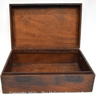 Antique Primitive Hand Crafted Walnut Wooden Box with Brass Handles. Measures 7" x 12" x 19".