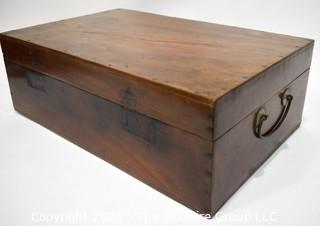 Antique Primitive Hand Crafted Walnut Wooden Box with Brass Handles. Measures 7" x 12" x 19".