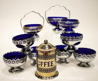 Group of Vintage Silverplate with Cobalt Glass Inserts Serving Bowls and Coffee Decanter.