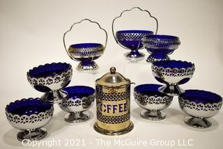 Group of Vintage Silverplate with Cobalt Glass Inserts Serving Bowls and Coffee Decanter.