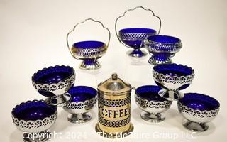 Group of Vintage Silverplate with Cobalt Glass Inserts Serving Bowls and Coffee Decanter.