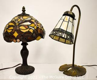 Two Reproduction Tiffany Stained Glass Style Desk or Table Lamps. 
