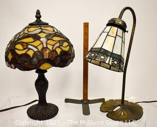 Two Reproduction Tiffany Stained Glass Style Desk or Table Lamps. 
