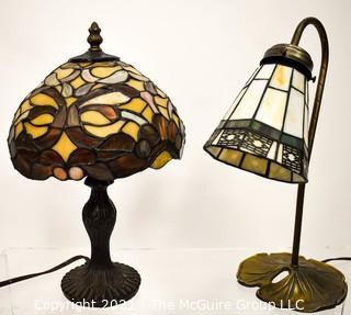 Two Reproduction Tiffany Stained Glass Style Desk or Table Lamps. 
