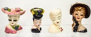 Four Vintage Porcelain Lady Head Vases & Vanity 