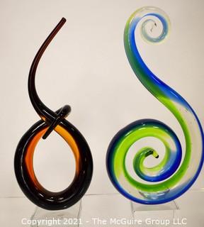 Two (2) Tall Murano Style Blown Art Glass Centerpieces
