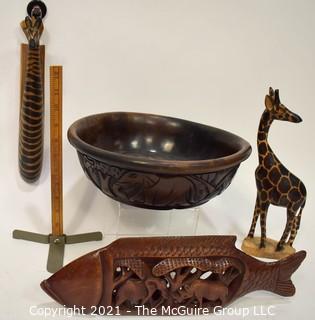 Assorted Wood Carvings: 2 Giraffes, Fish and Bowl