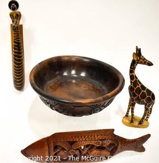 Assorted Wood Carvings: 2 Giraffes, Fish and Bowl