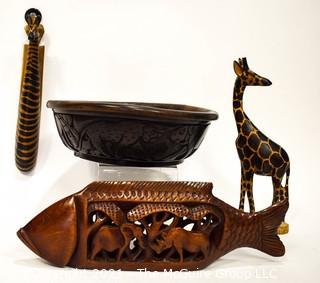 Assorted Wood Carvings: 2 Giraffes, Fish and Bowl