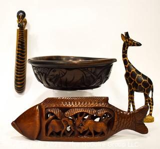 Assorted Wood Carvings: 2 Giraffes, Fish and Bowl