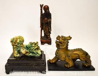 Three (3) Asian Statues Including Ceramic & Metal Foo Dog & Carved Elder. 