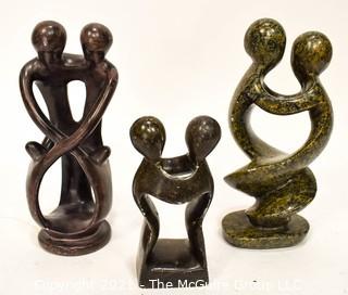 Three (3) Carved Soap Stone Statues of People Embracing 