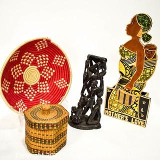 Group of African Handicrafts Including Carved Statue, Baskets and Art