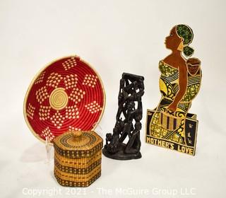 Group of African Handicrafts Including Carved Statue, Baskets and Art