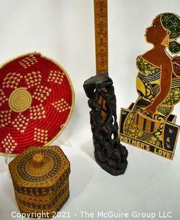 Group of African Handicrafts Including Carved Statue, Baskets and Art