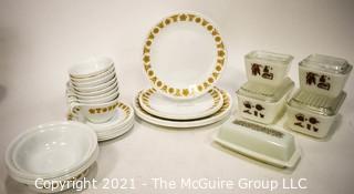 Vintage Retro Dishware Including Pyrex Refrigerator Containers and Correlle Dinnerware