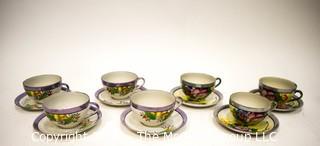 Set of (7) Hand Painted Japanese Lusterware Tea Cups and Saucers 