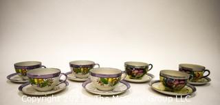 Set of (7) Hand Painted Japanese Lusterware Tea Cups and Saucers 