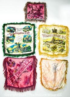 Four (4) Vintage Satin Fringe Pillow Covers or Case Souvenirs from Washington DC, Camp Paraiso, C.Z., and Others. 
