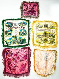 Four (4) Vintage Satin Fringe Pillow Covers or Case Souvenirs from Washington DC, Camp Paraiso, C.Z., and Others. 
