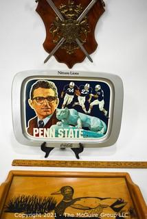 Mix Including Joe Paterno Penn State Metal Serving Tray, Wall Plaque with Swords, and Inlaid Wood Tray