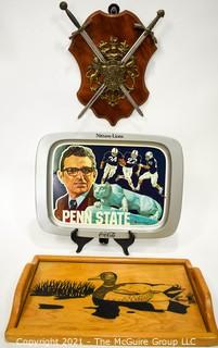 Mix Including Joe Paterno Penn State Metal Serving Tray, Wall Plaque with Swords, and Inlaid Wood Tray