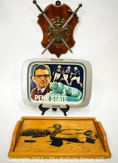 Mix Including Joe Paterno Penn State Metal Serving Tray, Wall Plaque with Swords, and Inlaid Wood Tray