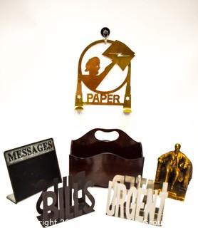 Group of Contemporary Metal Desk & Wall Organizers and One Souvenir Abraham Lincoln Memorial Figurine. 