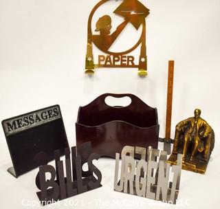 Group of Contemporary Metal Desk & Wall Organizers and One Souvenir Abraham Lincoln Memorial Figurine. 