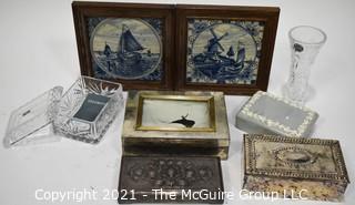 Collection Including Dresser Boxes, Vase and Framed Delft Tiles