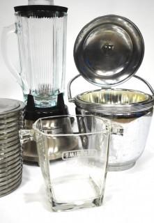 Group of Vintage Barware Items Including Chrome and Lucite Ice Buckets and Blender 