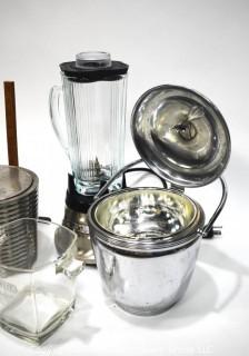 Group of Vintage Barware Items Including Chrome and Lucite Ice Buckets and Blender 