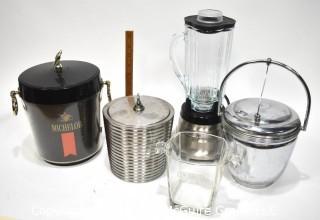 Group of Vintage Barware Items Including Chrome and Lucite Ice Buckets and Blender 