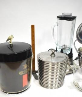 Group of Vintage Barware Items Including Chrome and Lucite Ice Buckets and Blender 