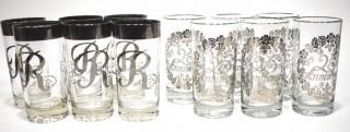 Collection of Vintage Dorothy Thorpe 25th Anniversary & "R" Initial Silver Overlay & Rimmed Glass Tumblers