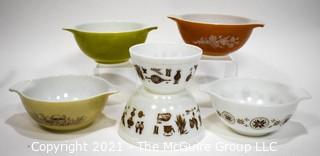 Six (6) Vintage Pyrex Mixing Bowls in Town & Country, Forest Fancies and Butterfly Gold Pattern. 