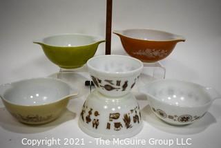 Six (6) Vintage Pyrex Mixing Bowls in Town & Country, Forest Fancies and Butterfly Gold Pattern. 