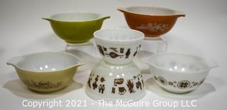 Six (6) Vintage Pyrex Mixing Bowls in Town & Country, Forest Fancies and Butterfly Gold Pattern. 