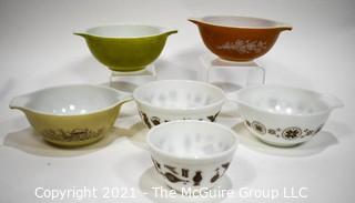 Six (6) Vintage Pyrex Mixing Bowls in Town & Country, Forest Fancies and Butterfly Gold Pattern. 