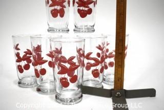 Vintage Set of Seven (7) Libbey Glass Tumblers with Red Cherrys,  Swanky Swig 