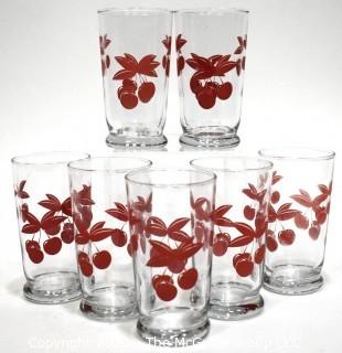 Vintage Set of Seven (7) Libbey Glass Tumblers with Red Cherrys,  Swanky Swig 